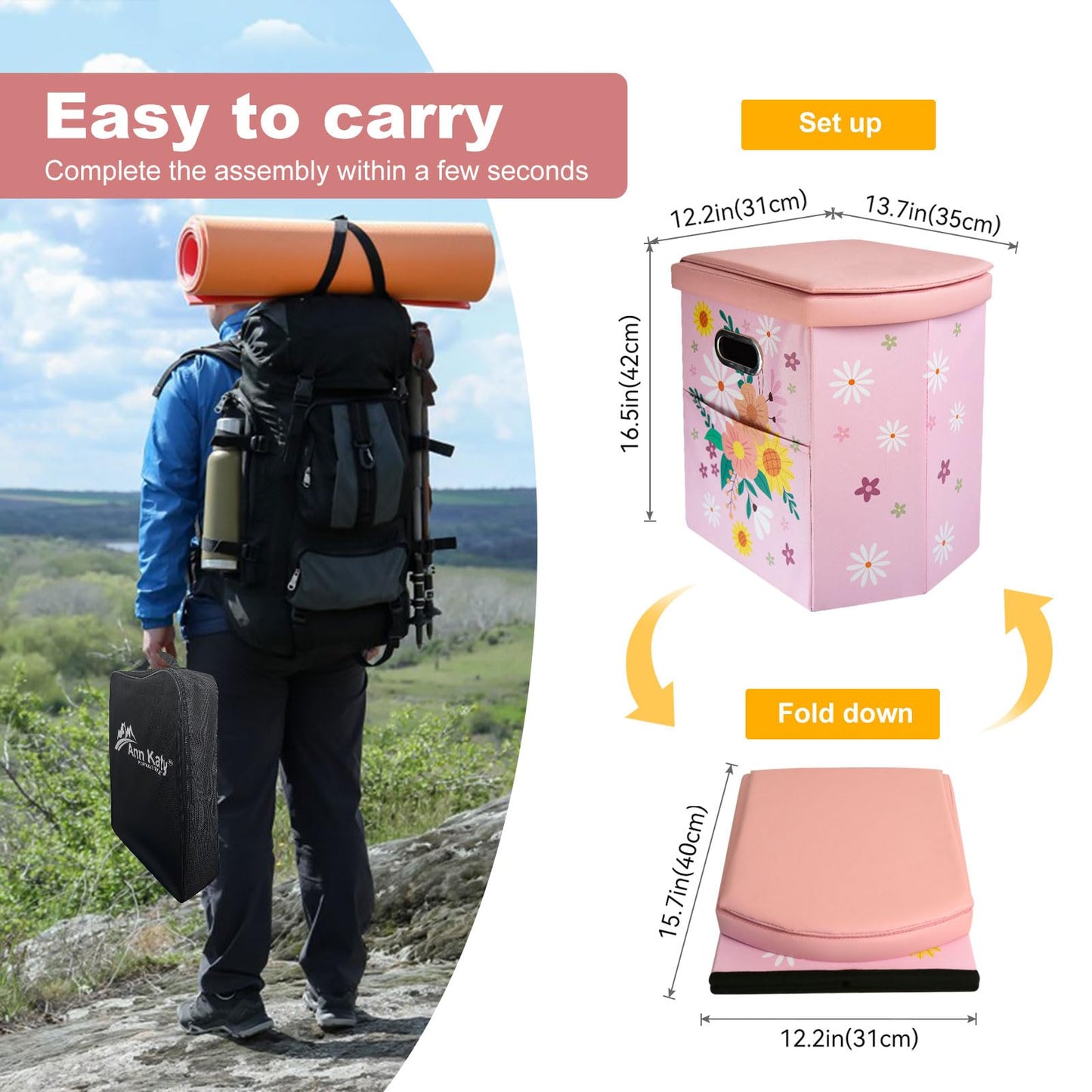 Ann Katy Upgrade XL Portable Toilet for Adults, Extra Large Portable Travel Floding Camping Toilet, Camping Tall Toilets with Lid for Kids Compact Potty for Car,Hiking,Beach,Toilet Storage Stool
