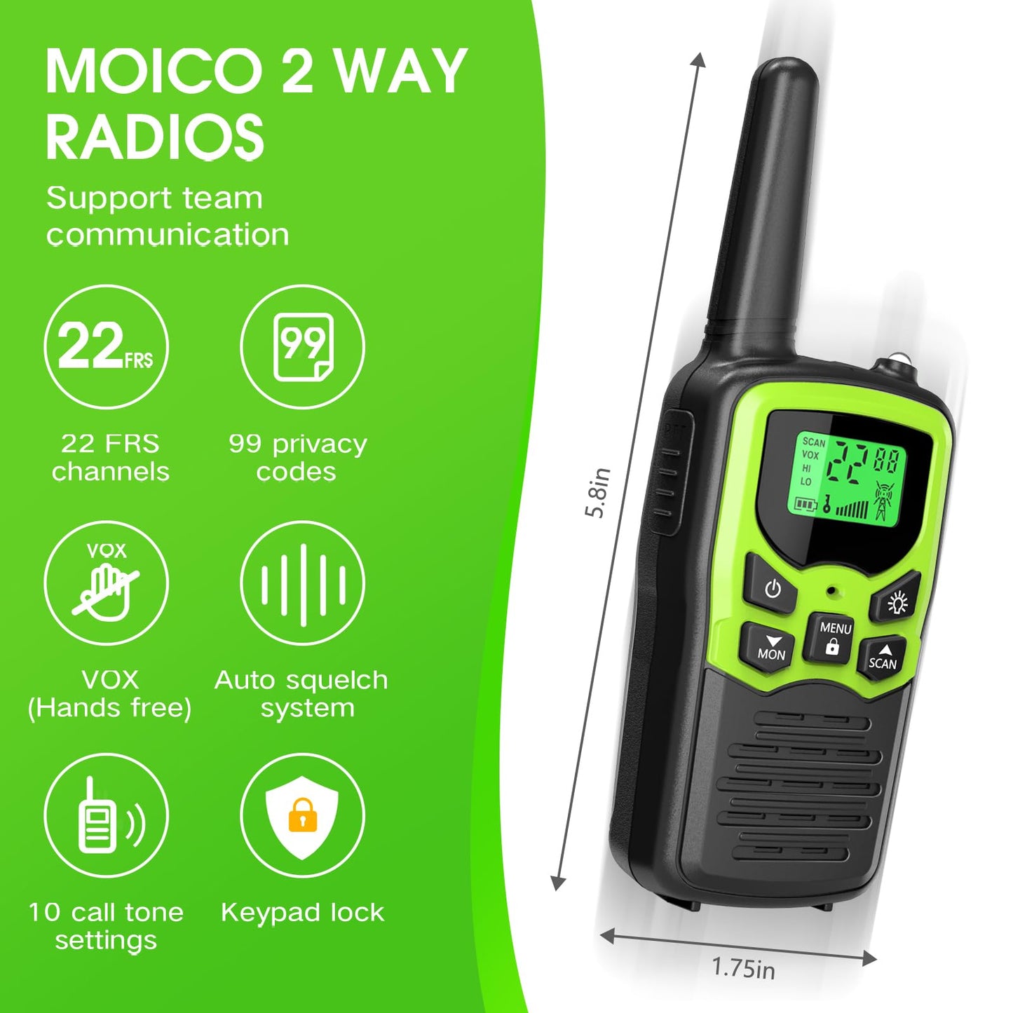Walkie Talkies, MOICO Long Range Walkie Talkies for Adults with 22 FRS Channels, Family Walkie Talkie with LED Flashlight VOX LCD Display for Hiking Camping Trip (Orange 2 Pack)