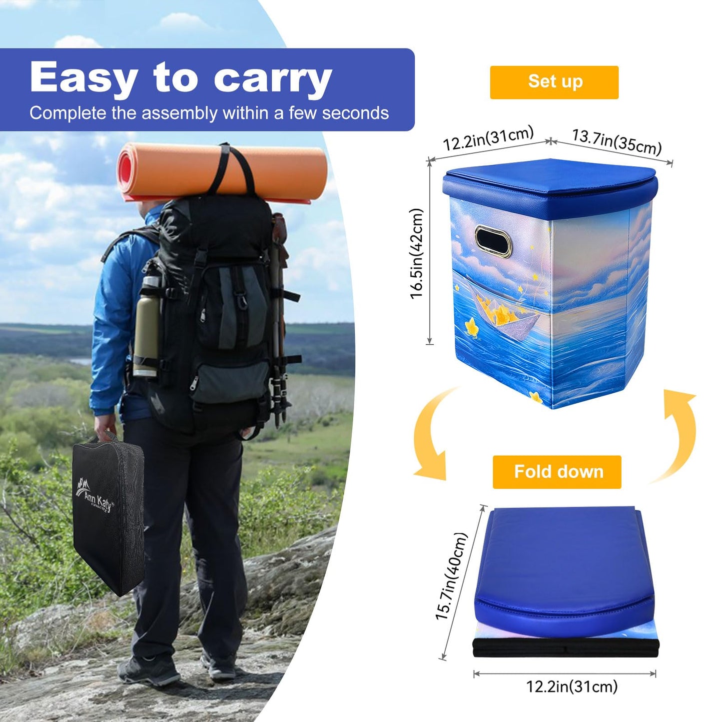 Ann Katy Upgrade XL Portable Toilet for Adults, Extra Large Portable Travel Floding Camping Toilet, Camping Tall Toilets with Lid for Kids Compact Potty for Car,Hiking,Beach,Toilet Storage Stool