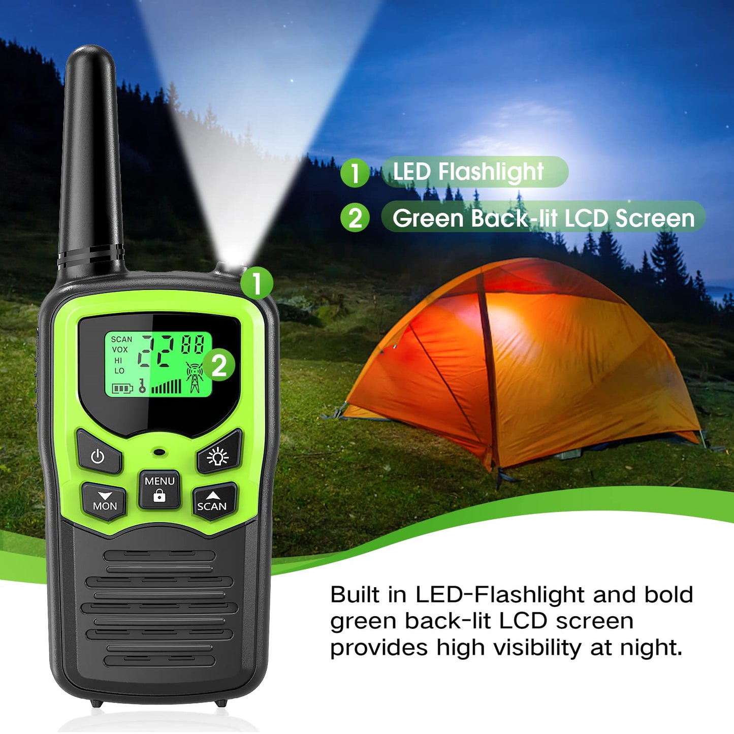 Walkie Talkies, MOICO Long Range Walkie Talkies for Adults with 22 FRS Channels, Family Walkie Talkie with LED Flashlight VOX LCD Display for Hiking Camping Trip (Orange 2 Pack)