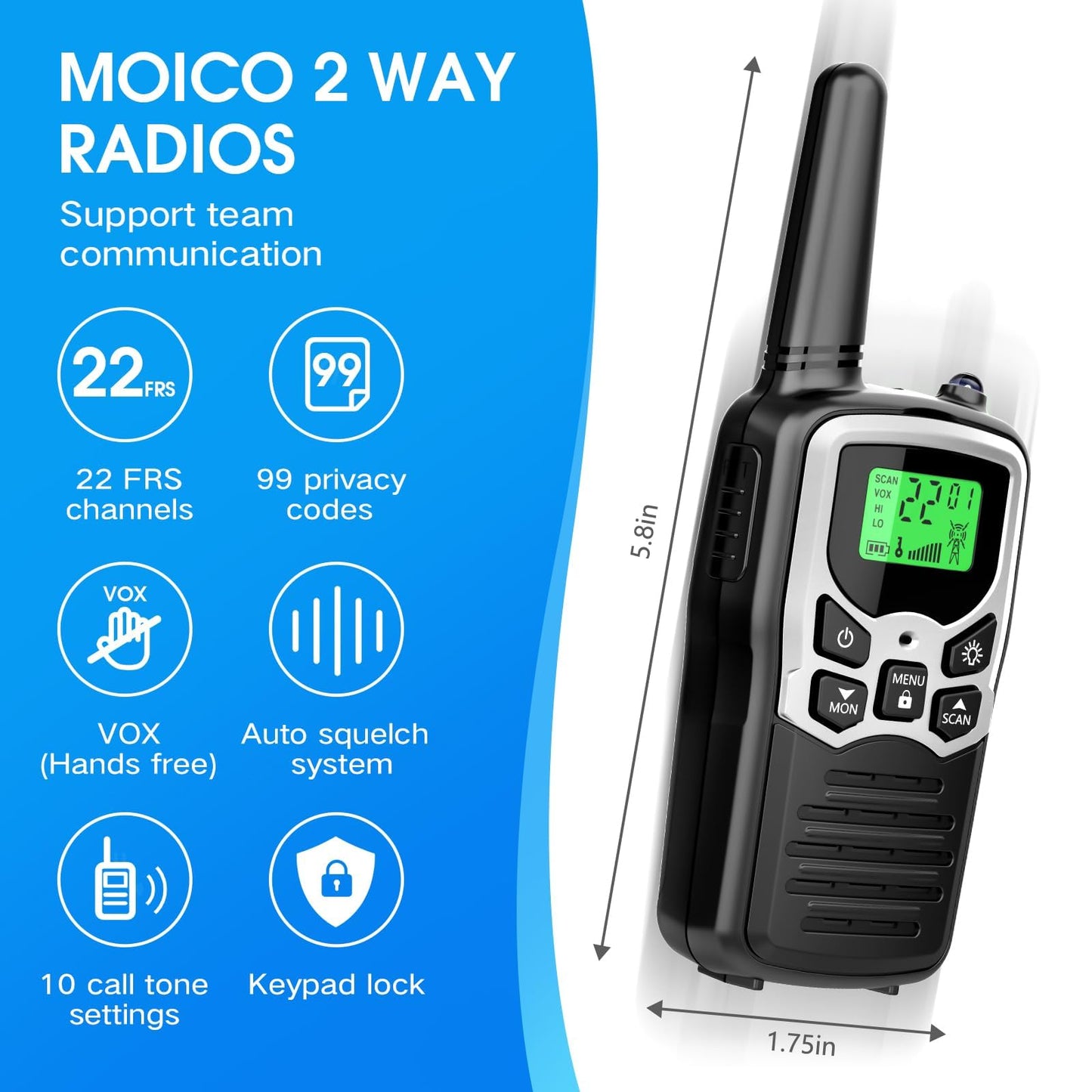 Walkie Talkies, MOICO Long Range Walkie Talkies for Adults with 22 FRS Channels, Family Walkie Talkie with LED Flashlight VOX LCD Display for Hiking Camping Trip (Orange 2 Pack)