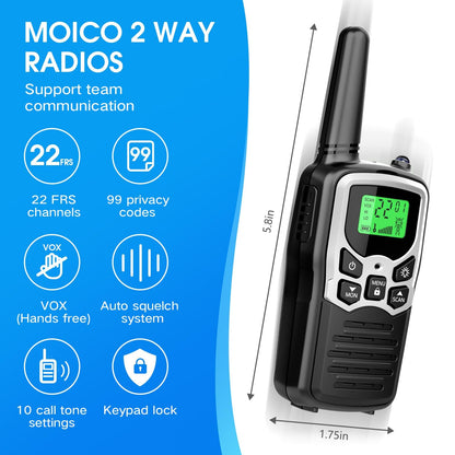 Walkie Talkies, MOICO Long Range Walkie Talkies for Adults with 22 FRS Channels, Family Walkie Talkie with LED Flashlight VOX LCD Display for Hiking Camping Trip (Orange 2 Pack)