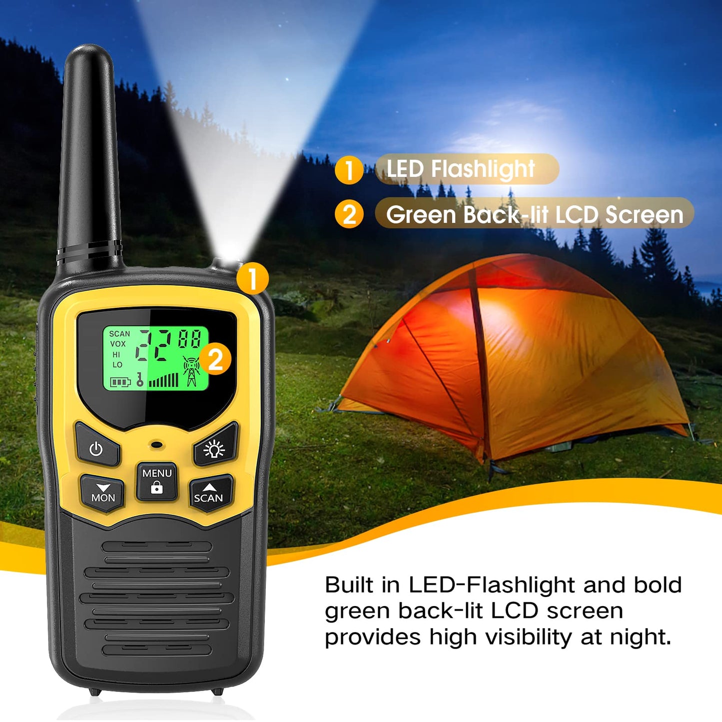 Walkie Talkies, MOICO Long Range Walkie Talkies for Adults with 22 FRS Channels, Family Walkie Talkie with LED Flashlight VOX LCD Display for Hiking Camping Trip (Orange 2 Pack)