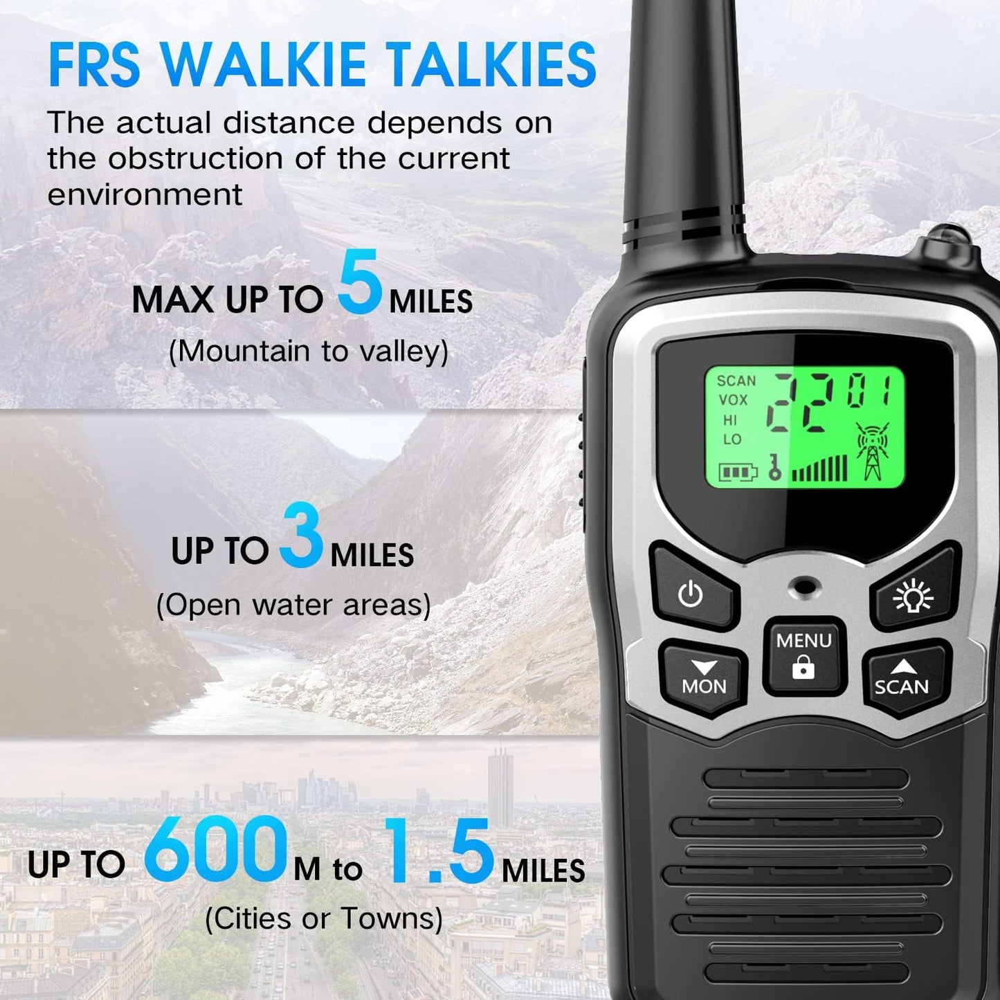 Walkie Talkies, MOICO Long Range Walkie Talkies for Adults with 22 FRS Channels, Family Walkie Talkie with LED Flashlight VOX LCD Display for Hiking Camping Trip (Orange 2 Pack)