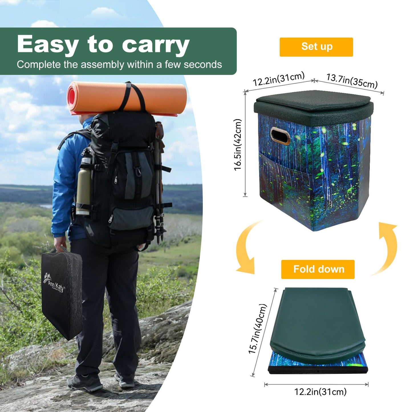 Ann Katy Upgrade XL Portable Toilet for Adults, Extra Large Portable Travel Floding Camping Toilet, Camping Tall Toilets with Lid for Kids Compact Potty for Car,Hiking,Beach,Toilet Storage Stool