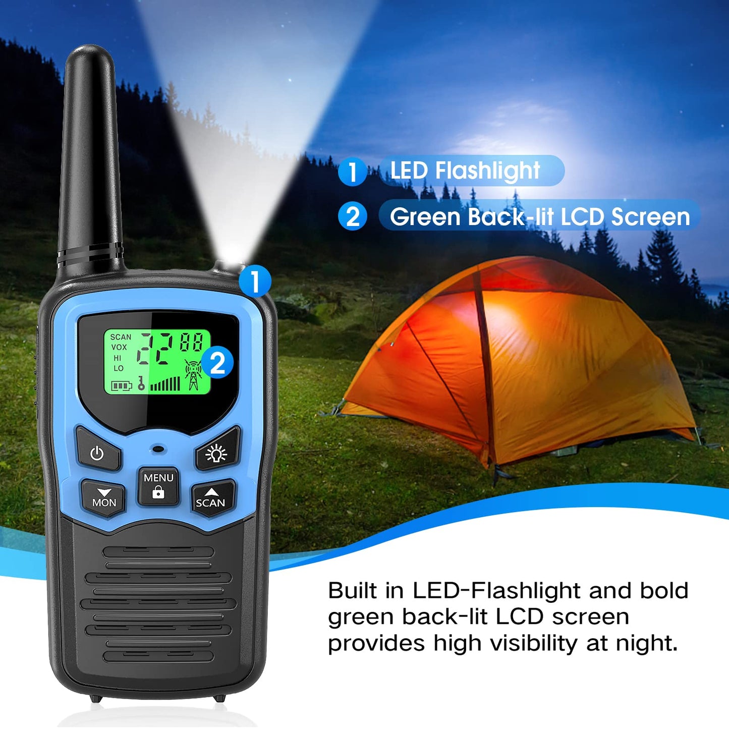 Walkie Talkies, MOICO Long Range Walkie Talkies for Adults with 22 FRS Channels, Family Walkie Talkie with LED Flashlight VOX LCD Display for Hiking Camping Trip (Orange 2 Pack)