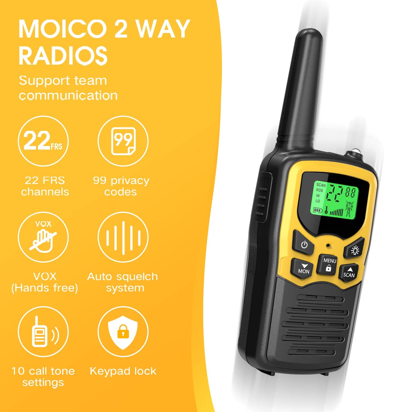 Walkie Talkies, MOICO Long Range Walkie Talkies for Adults with 22 FRS Channels, Family Walkie Talkie with LED Flashlight VOX LCD Display for Hiking Camping Trip (Orange 2 Pack)