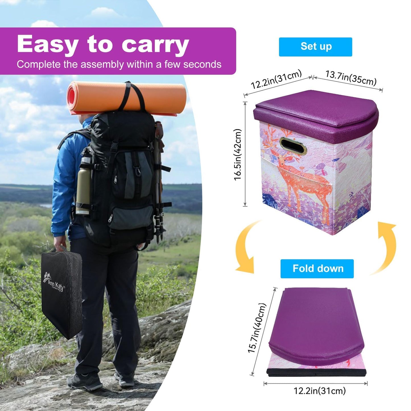 Ann Katy Upgrade XL Portable Toilet for Adults, Extra Large Portable Travel Floding Camping Toilet, Camping Tall Toilets with Lid for Kids Compact Potty for Car,Hiking,Beach,Toilet Storage Stool