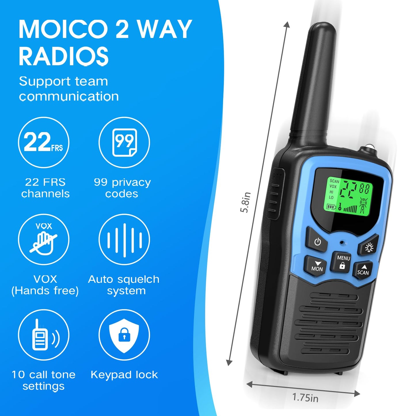 Walkie Talkies, MOICO Long Range Walkie Talkies for Adults with 22 FRS Channels, Family Walkie Talkie with LED Flashlight VOX LCD Display for Hiking Camping Trip (Orange 2 Pack)