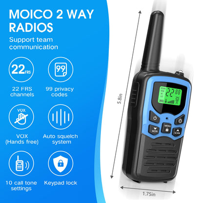 Walkie Talkies, MOICO Long Range Walkie Talkies for Adults with 22 FRS Channels, Family Walkie Talkie with LED Flashlight VOX LCD Display for Hiking Camping Trip (Orange 2 Pack)